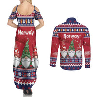 Norway Nisse Christmas Couples Matching Summer Maxi Dress and Long Sleeve Button Shirt God Jul Norwegian Christmas Pattern - Wonder Print Shop