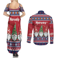 Norway Nisse Christmas Couples Matching Summer Maxi Dress and Long Sleeve Button Shirt God Jul Norwegian Christmas Pattern - Wonder Print Shop