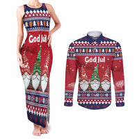 Norway Nisse Christmas Couples Matching Tank Maxi Dress and Long Sleeve Button Shirt God Jul Norwegian Christmas Pattern - Wonder Print Shop