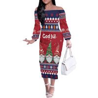 Norway Nisse Christmas Off The Shoulder Long Sleeve Dress God Jul Norwegian Christmas Pattern - Wonder Print Shop