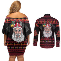 Norway Christmas Couples Matching Off Shoulder Short Dress and Long Sleeve Button Shirt Valhalla La La Viking Santa - Wonder Print Shop