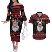 Norway Christmas Couples Matching Off The Shoulder Long Sleeve Dress and Hawaiian Shirt Valhalla La La Viking Santa - Wonder Print Shop