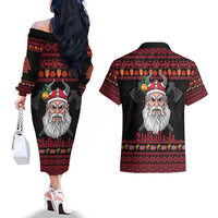 Norway Christmas Couples Matching Off The Shoulder Long Sleeve Dress and Hawaiian Shirt Valhalla La La Viking Santa - Wonder Print Shop