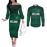 Custom Ireland Rugby Couples Matching Off The Shoulder Long Sleeve Dress and Long Sleeve Button Shirt Celtic Heritage - Wonder Print Shop