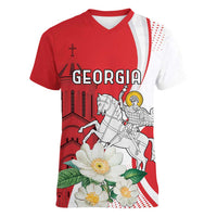 Personalized Georgia Independence Restoration Day Women V-Neck T-Shirt Dzala Ertobashia Rosa Laevigata