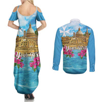 Personalized Malta Couples Matching Summer Maxi Dress and Long Sleeve Button Shirt Valletta Capital Maltese Cross