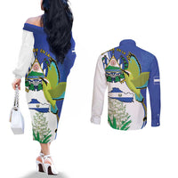 El Salvador Independence Day Couples Matching Off The Shoulder Long Sleeve Dress and Long Sleeve Button Shirt Dios Union Libertad - Wonder Print Shop