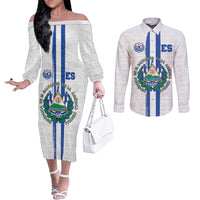 Custom El Salvador Football Couples Matching Off The Shoulder Long Sleeve Dress and Long Sleeve Button Shirt La Selecta Sporty Style - Wonder Print Shop