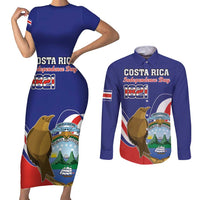 Custom Costa Rica Independence Day Couples Matching Short Sleeve Bodycon Dress and Long Sleeve Button Shirt Turdus Grayi Bird With Coat Of Arms - Wonder Print Shop
