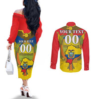 Custom Ecuador Independence Day 1809 Couples Matching Off The Shoulder Long Sleeve Dress and Long Sleeve Button Shirt Monumento a la Independencia