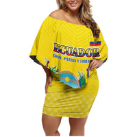 Custom Ecuador Independence Day Family Matching Off Shoulder Short Dress and Hawaiian Shirt Andean Condor With Coat Of Arms - Wonder Print Shop