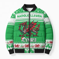 Personalized Wales Christmas Dragon Bomber Puffer Jacket Nadolig Llawen Green Version - Wonder Print Shop