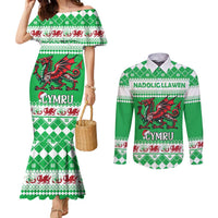 Personalized Wales Christmas Dragon Couples Matching Mermaid Dress and Long Sleeve Button Shirt Nadolig Llawen Green Version - Wonder Print Shop