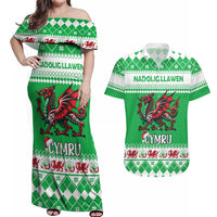 Personalized Wales Christmas Dragon Couples Matching Off Shoulder Maxi Dress and Hawaiian Shirt Nadolig Llawen Green Version - Wonder Print Shop