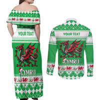 Personalized Wales Christmas Dragon Couples Matching Off Shoulder Maxi Dress and Long Sleeve Button Shirt Nadolig Llawen Green Version - Wonder Print Shop