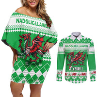 Personalized Wales Christmas Dragon Couples Matching Off Shoulder Short Dress and Long Sleeve Button Shirt Nadolig Llawen Green Version - Wonder Print Shop