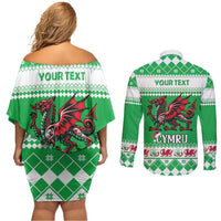 Personalized Wales Christmas Dragon Couples Matching Off Shoulder Short Dress and Long Sleeve Button Shirt Nadolig Llawen Green Version - Wonder Print Shop