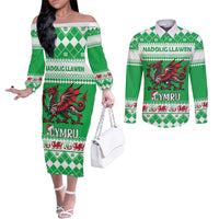 Personalized Wales Christmas Dragon Couples Matching Off The Shoulder Long Sleeve Dress and Long Sleeve Button Shirt Nadolig Llawen Green Version - Wonder Print Shop