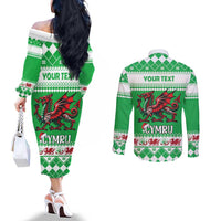 Personalized Wales Christmas Dragon Couples Matching Off The Shoulder Long Sleeve Dress and Long Sleeve Button Shirt Nadolig Llawen Green Version - Wonder Print Shop
