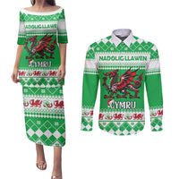 Personalized Wales Christmas Dragon Couples Matching Puletasi and Long Sleeve Button Shirt Nadolig Llawen Green Version - Wonder Print Shop