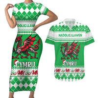 Personalized Wales Christmas Dragon Couples Matching Short Sleeve Bodycon Dress and Hawaiian Shirt Nadolig Llawen Green Version - Wonder Print Shop
