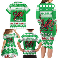 Personalized Wales Christmas Dragon Family Matching Long Sleeve Bodycon Dress and Hawaiian Shirt Nadolig Llawen Green Version - Wonder Print Shop