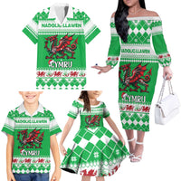 Personalized Wales Christmas Dragon Family Matching Off The Shoulder Long Sleeve Dress and Hawaiian Shirt Nadolig Llawen Green Version - Wonder Print Shop
