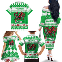 Personalized Wales Christmas Dragon Family Matching Off The Shoulder Long Sleeve Dress and Hawaiian Shirt Nadolig Llawen Green Version - Wonder Print Shop