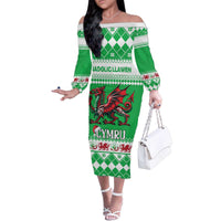 Personalized Wales Christmas Dragon Family Matching Off The Shoulder Long Sleeve Dress and Hawaiian Shirt Nadolig Llawen Green Version - Wonder Print Shop