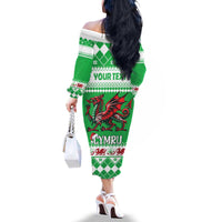 Personalized Wales Christmas Dragon Family Matching Off The Shoulder Long Sleeve Dress and Hawaiian Shirt Nadolig Llawen Green Version - Wonder Print Shop