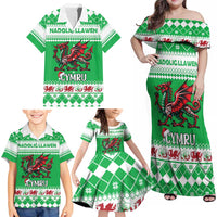 Personalized Wales Christmas Dragon Family Matching Off Shoulder Maxi Dress and Hawaiian Shirt Nadolig Llawen Green Version - Wonder Print Shop