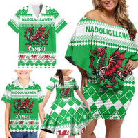 Personalized Wales Christmas Dragon Family Matching Off Shoulder Short Dress and Hawaiian Shirt Nadolig Llawen Green Version - Wonder Print Shop