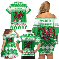Personalized Wales Christmas Dragon Family Matching Off Shoulder Short Dress and Hawaiian Shirt Nadolig Llawen Green Version - Wonder Print Shop