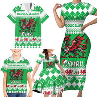 Personalized Wales Christmas Dragon Family Matching Short Sleeve Bodycon Dress and Hawaiian Shirt Nadolig Llawen Green Version - Wonder Print Shop