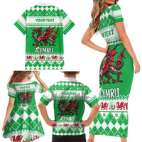 Personalized Wales Christmas Dragon Family Matching Short Sleeve Bodycon Dress and Hawaiian Shirt Nadolig Llawen Green Version - Wonder Print Shop