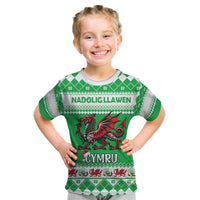 Personalized Wales Christmas Dragon Kid T Shirt Nadolig Llawen Green Version - Wonder Print Shop