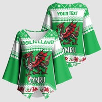 Personalized Wales Christmas Dragon Kimono Sleeve Blouse Nadolig Llawen Green Version - Wonder Print Shop