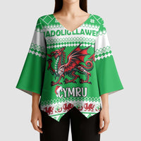 Personalized Wales Christmas Dragon Kimono Sleeve Blouse Nadolig Llawen Green Version - Wonder Print Shop