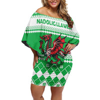 Personalized Wales Christmas Dragon Off Shoulder Short Dress Nadolig Llawen Green Version - Wonder Print Shop