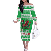 Personalized Wales Christmas Dragon Off The Shoulder Long Sleeve Dress Nadolig Llawen Green Version - Wonder Print Shop