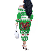 Personalized Wales Christmas Dragon Off The Shoulder Long Sleeve Dress Nadolig Llawen Green Version - Wonder Print Shop