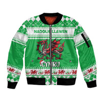 Personalized Wales Christmas Dragon Sleeve Zip Bomber Jacket Nadolig Llawen Green Version - Wonder Print Shop