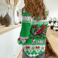 Personalized Wales Christmas Dragon Women Casual Shirt Nadolig Llawen Green Version - Wonder Print Shop