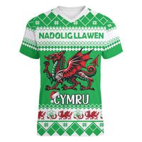Personalized Wales Christmas Dragon Women V-Neck T-Shirt Nadolig Llawen Green Version - Wonder Print Shop