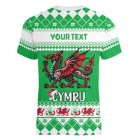 Personalized Wales Christmas Dragon Women V-Neck T-Shirt Nadolig Llawen Green Version - Wonder Print Shop