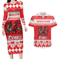Personalized Wales Christmas Dragon Couples Matching Long Sleeve Bodycon Dress and Hawaiian Shirt Nadolig Llawen Red Version - Wonder Print Shop