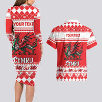 Personalized Wales Christmas Dragon Couples Matching Long Sleeve Bodycon Dress and Hawaiian Shirt Nadolig Llawen Red Version - Wonder Print Shop
