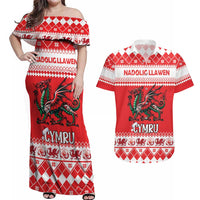 Personalized Wales Christmas Dragon Couples Matching Off Shoulder Maxi Dress and Hawaiian Shirt Nadolig Llawen Red Version - Wonder Print Shop