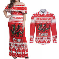 Personalized Wales Christmas Dragon Couples Matching Off Shoulder Maxi Dress and Long Sleeve Button Shirt Nadolig Llawen Red Version - Wonder Print Shop