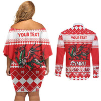 Personalized Wales Christmas Dragon Couples Matching Off Shoulder Short Dress and Long Sleeve Button Shirt Nadolig Llawen Red Version - Wonder Print Shop